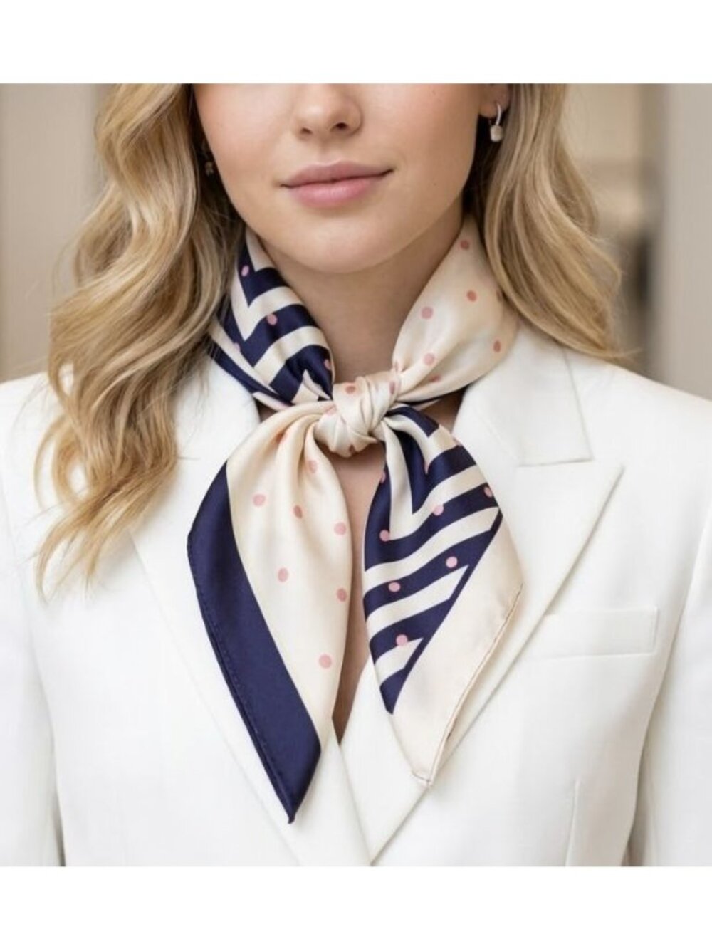 ⭐New Elegant Silky Satin Scarf Handkerchief blue Beige lines and dots Pattern